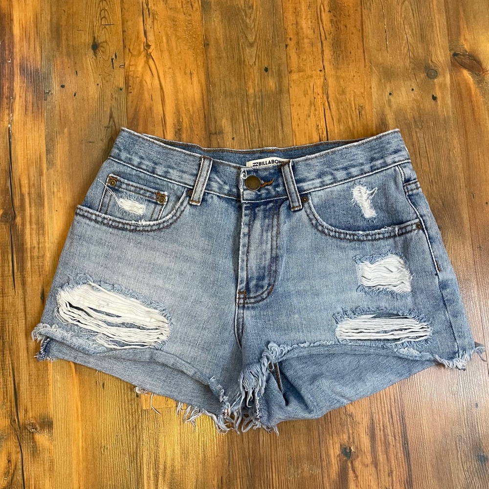 BILLABONG distressed high rise raw hem jean shorts